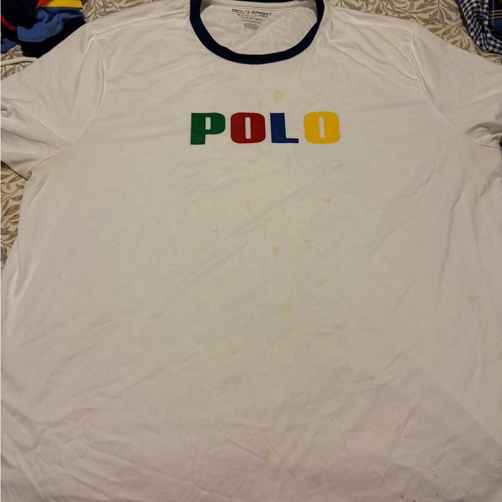 Ralph Lauren White Tee with Navy Trim and Multicolor Logo